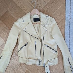Cream Leather Jacket with Zipper Details